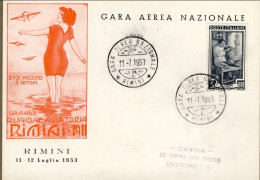 1953-cartolina Illustrata Emessa Dal Circolo Filatelico Di Rimini Gara Aerea Naz - Expositions