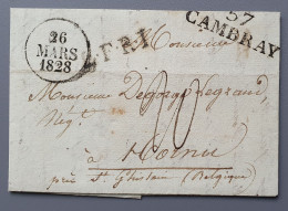 L199 LETTRE 1828 De CAMBRAI  à HORNU (MONS) MARQUE 57 CAMBRAY TAD BLEU TYPE A 23 Mm + LFRI + FRANKRYK DER BERGEN - 1801-1848: Precursors XIX