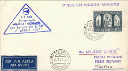 Vaticano-1967 I^volo Lufthansa Milano-Monaco Del 1 Aprile - Luchtpost