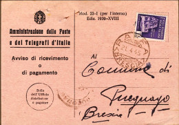 1945-RSI Avviso Di Ricevimento Affr. L.1 Monumenti Distrutti Isolato Annullo Di  - Marcophilie