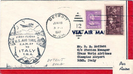 1947-U.S.A. Con Bollo Illustrato I^volo TWA To Italy Tratta Detroit-Roma Del 16  - 2c. 1941-1960 Brieven