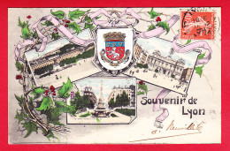 F-69-Lyon-76P111  Souvenir De LYON, 3 Petites Vues De La Ville, écusson, Cpa Colorisée BE - Lyon 1