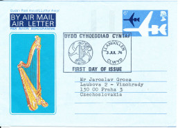 Great Britain Aerogramme FDC Dydd Cyhoeddiad Llangollen 3-7-1974 Clwyd Sent To Czechoslovakia - Interi Postali