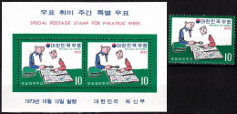 KOREA SOUTH 1973 Philatelic Week. Single And Souvenir Sheet, MNH - Stamp's Day