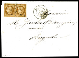 O N°1a, 10c Bistre Brun-foncé En Paire Sur Lettre De Aups Le 2 Septembre 1852 Pour Brignoles. SUP (signé Scheller/certif - 1849-1876: Classic Period