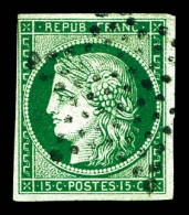 O N°2c, 15c Vert Très Foncé, NUANCE RARE. TTB (signé Scheller/Calves/certificats)  Qualité: Oblitéré  Cote: 2800 Euros - 1849-1850 Ceres