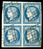 O N°4, 25c Bleu En Bloc De Quatre, Oblitération Grille Légère, Pièce Rare Et Superbe (signé Calves/certificat)  Qualité: - 1849-1850 Cérès