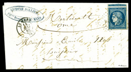 O N°4, 25c Bleu Grandes Marges Avec Amorce De Voisin Obl 1855 + Càd Du MANS Sur Lettre Du 14 Mai 1852 Pour MERLERAULT. T - 1849-1876: Periodo Clásico