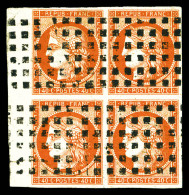 O N°5, 40c Orange, Bloc De Quatre Bord De Feuille Latéral Gauche Oblitération Gros Points, Pièce D'une Qualité Exception - 1849-1850 Cérès