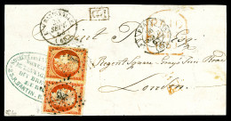 O N°5, 40c Orange, Paire Frappée Du Càd De PARIS Et LES BATIGNOLLES Du 26 Sept 1853 à Destination De LONDRES (manque Un  - 1849-1876: Klassik