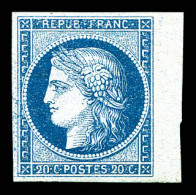 ** N°8b, Non émis, 20c Bleu Sur Azuré Bord De Feuille, Fraîcheur Postale. SUPERBE. R.R. (signé Calves/certificat)  Quali - 1849-1850 Ceres