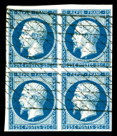 O N°10, 25c Bleu En Bloc De Quatre Oblitéré GRILLE SANS FIN, Oblitération Rare Sur Ce Timbre Et Encore Plus En Bloc De Q - 1852 Louis-Napoléon