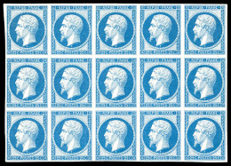 ** N°10c, 25c Bleu, Impression De 1862 En Bloc De 15 Exemplaires (2ex*), Fraîcheur Postale. SUPERBE. R.R. (certificat)   - 1852 Louis-Napoléon