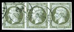 O N°11, 1c Olive, Bande De 3. TTB (signé Scheller/Calves)  Qualité: Oblitéré  Cote: 375 Euros - 1853-1860 Napoléon III