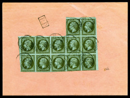 O N°11, 1c Olive, Bloc De 12 Exemplaires (2ex Filet Touché) Obl Càd De SENS + Griffe 'PP' Noire Sur Papier D'affaire Du  - 1849-1876: Periodo Clásico