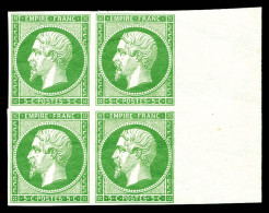 ** N°12, 5c Vert-jaune En Bloc De Quatre Grand Bord De Feuille Latéral, Fraîcheur Postale. SUPERBE. R.R. (certificat)  Q - 1853-1860 Napoléon III.