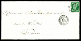 O N°12c, 5c Vert-foncé Sur Vert Obl Grille + Càd De PARIS Le 22 Fev 1855 Sur Lettre Locale. TB. R (certificat)  Qualité: - 1849-1876: Classic Period