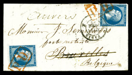 O N°14, 20c Empire X 2ex Obl P.D Rouge Encadré (def) Càd K PARIS K Sur Lettre Pour Bruxelles Réexpédiée à Anvers. 1862.  - 1849-1876: Classic Period