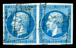 O N°14A, 20c Bleu Type I En Paire Obl Grille. TB (signé Brun)  Qualité: Oblitéré  Cote: 160 Euros - 1853-1860 Napoléon III.