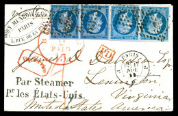 O N°14A, 20c Bleu: 2 Paires Avec Nuances Différentes Sur Lettre De PARIS Le 17 Nov 1859 à Destination De LEXINGTON (Etat - 1849-1876: Période Classique