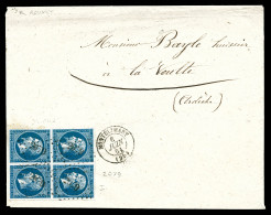 O N°14A, 20c Bleu Type I En Bloc De Quatre Obl Pc 2079 Sur Lettre De MONTELIMART Pour LA VOULTE. TTB (signée/certificat) - 1849-1876: Classic Period
