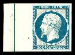 Delcampe - ** N°14Ai, 20c Bleu Laiteux, Bord De Feuille Avec Filet D'encadrement, SUPERBE (signé Calves/certificat)  Qualité: ** - 1853-1860 Napoléon III
