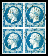 O N°15, 25c Bleu En Bloc De Quatre Obl Petits Chiffres. SUP (signé Calves/certificats)  Qualité: Oblitéré  Cote: 2750 Eu - 1853-1860 Napoléon III