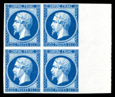 ** N°15c, 25c Bleu, Impression De 1862 En Bloc De Quatre (1ex*), Grand Bord De Feuille Latéral, FRAICHEUR POSTALE. SUPER - 1853-1860 Napoléon III