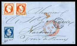 O Empire 20c Bleu + 40c Orange (N°14 Et 16 X 2) Obl 'DS3' + Càd PARIS 60 Sur Lettre Du 11 Dec 1856 Pour HARBOURG. TTB. R - 1849-1876: Période Classique