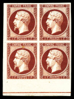 * N°18, 1f Carmin Nuance Foncée, Bloc De Quatre Coin De Feuille Avec Filet D'encadrement (1exemplaire **), Paille Dans L - 1853-1860 Napoléon III.