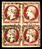 O N°18a, 1f Carmin En Bloc De Quatre Oblitéré Gros Points, Un Exemplaire Au Filet à Droite En Haut, Très Jolie Pièce. R. - 1853-1860 Napoléon III.