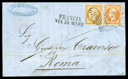 O 1867, Affrt Composé à 50c: 10c + 40c Empire Dentelé (N°21+23) Obl Chiffre 13 Italien De GENOVA + Griffe FRANCIA VIA DI - 1849-1876: Klassik