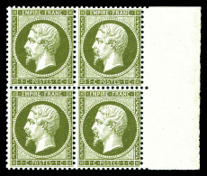 ** N°19, 1c Vert-olive, Bloc De Quatre Bord De Feuille Latéral (1ex*), Fraîcheur Postale. SUPERBE (certificat)  Qualité: - 1862 Napoléon III.
