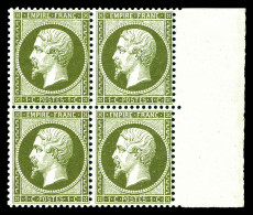 ** N°19, 1c Vert-olive, Bloc De Quatre Bord De Feuille Latéral (1ex*), Fraîcheur Postale. SUPERBE (certificat)  Qualité: - 1862 Napoléon III