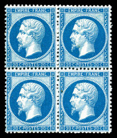 ** N°22, 20c Bleu En Bloc De Quatre Bord De Feuille, Fraîcheur Postale. SUP (signé Calves/certificats)  Qualité: ** - 1862 Napoleon III
