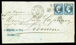 O N°22, 1863, 20c Empire Dentelé En Paire (pd) Obl GRAND 'VIA DI MARE' En Noir Sur Lettre De MARSEILLE Pour LIVOURNE, RA - 1849-1876: Klassik