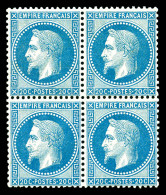 ** N°29A, 20c Bleu Type II En Bloc De Quatre, Bon Centrage, Fraîcheur Postale. SUPERBE. R. (certificat)  Qualité: ** - 1863-1870 Napoleon III Gelauwerd