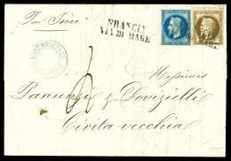 O Afft Composé à 50c: 20c + 30c Empire Lauré Sur Lettre à Destination De CIVITA-VECCHIA Obl 'FRANCIA VIA DE MARE'. SUPER - 1849-1876: Classic Period