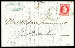 O N°32, 1869, 80c Lauré Obl Cachet Bleu Rond ADMON DE CAMBIO BARCELONA Sur Lettre Double Port, TRES RARE SUR CETTE VALEU - 1849-1876: Classic Period