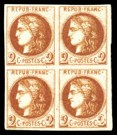 ** N°40Ad, 2c Chocolat Clair Report 1, Impression Fine De Tours En Bloc De Quatre (2ex*), FRAÎCHEUR POSTALE, R.R.R, PIEC - 1870 Ausgabe Bordeaux