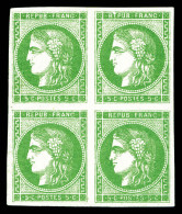 ** N°42A, 5c Vert-jaune Report 1 En Bloc De Quatre (positions 1, 2, 6, 7), (2ex*). FRAÎCHEUR POSTALE. GRANDE RARETE DE L - 1870 Bordeaux Printing