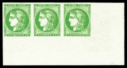 ** N°42B, 5c Vert-jaune Report 2 En Bande De 3 Coin De Feuille Intégral (1ex*), Fraîcheur Postale. SUPERBE. R. (certific - 1870 Bordeaux Printing