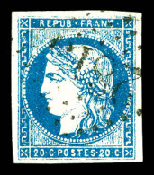 O N°44A, 20c Bleu Report 1 Obl Légère. TTB (signé Calves/Brun/certificat)  Qualité: Oblitéré  Cote: 850 Euros - 1870 Ausgabe Bordeaux