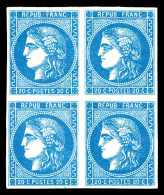 * N°46Bc, 20c Bleu Clair Type III Report 2 En Bloc De Quatre (1 Exemplaire **), Très Frais. SUP. R. (signé Calves/Brun/c - 1870 Bordeaux Printing