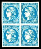 * N°46Bc, 20c Bleu Clair Type III Report 2 En Bloc De Quatre, Grandes Marges. SUP (signé Calves/Brun/Robineau/certificat - 1870 Bordeaux Printing