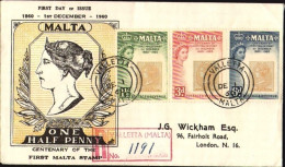 1960-Malta Raccomandata Fdc Illustrata Affrancata S.3v."Centenario Del Francobol - Malta