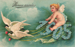 MIKIBP5-049- BONNE ANNEE UN ANGE ANGELOT ET DEUX COLOMBES OISEAUX 1905 COEUR GAUFREE - Anges