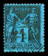 O N°84, 1c Noir Sur Bleu De Prusse, Oblitération Légère, Très Jolie Pièce, SUP (certificat)  Qualité: Oblitéré  Cote: 60 - 1876-1898 Sage (Type II)