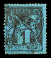 O N°84, 1c Noir Sur Bleu De Prusse, Restauré, Jolie Nuance (certificat)  Qualité: Oblitéré  Cote: 6000 Euros - 1876-1898 Sage (Type II)
