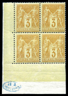 ** N°86, 3c Bistre-jaune Type II, Bloc De Quatre Coin De Feuille Avec Cachet De Contrôle 'TP' En Bleu, Fraîcheur Postale - 1876-1898 Sage (Type II)